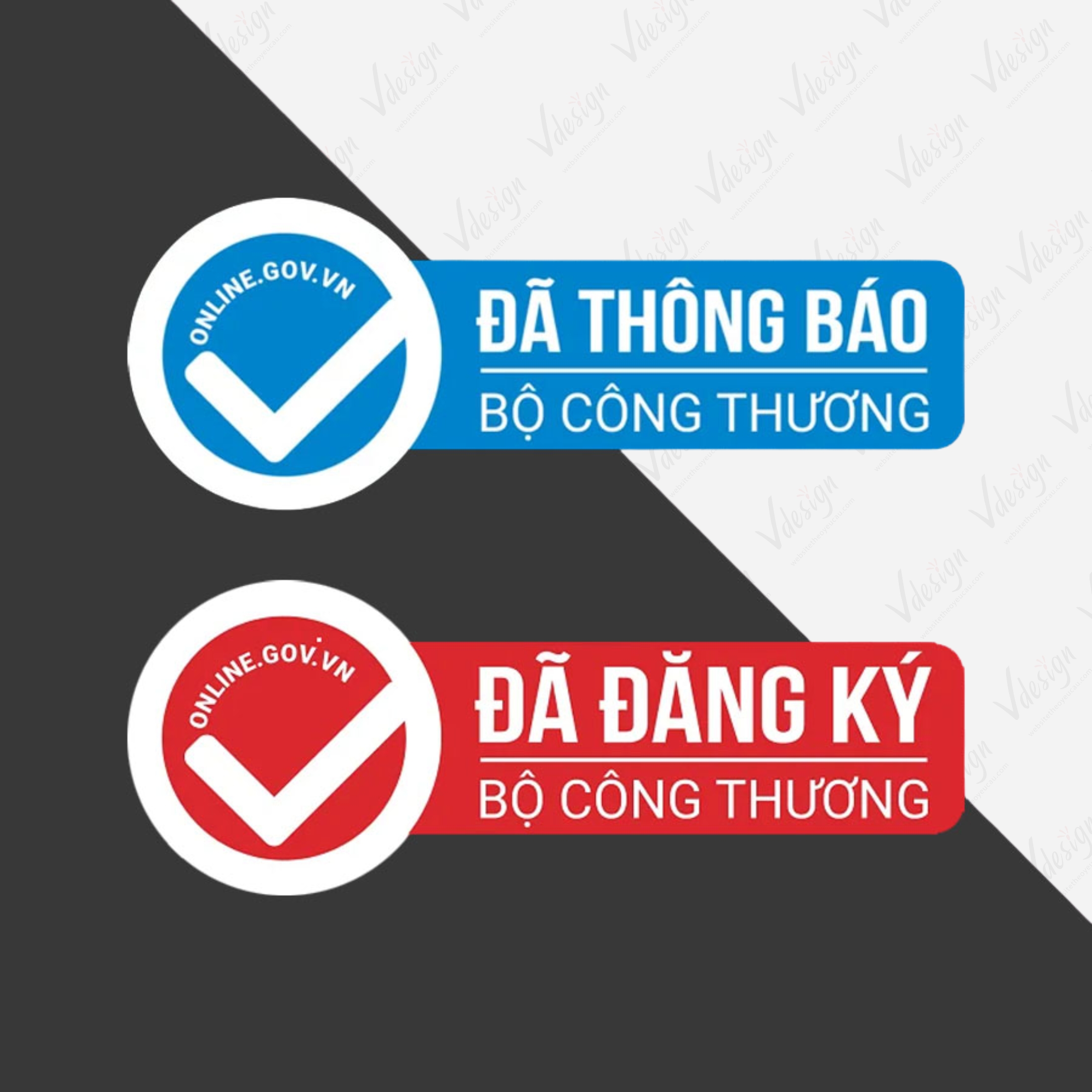 Hai loại logo xác nhận của Bộ Công Thương: “Đã Thông Báo” (màu xanh) dành cho website bán hàng, và “Đã Đăng Ký” (màu đỏ) dành cho website cung cấp dịch vụ thương mại điện tử.